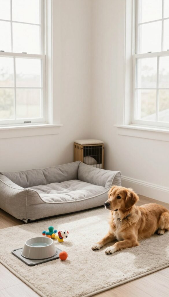 A cozy designated dog corner with a dog bed, toys, and water bowl in a bright living room.