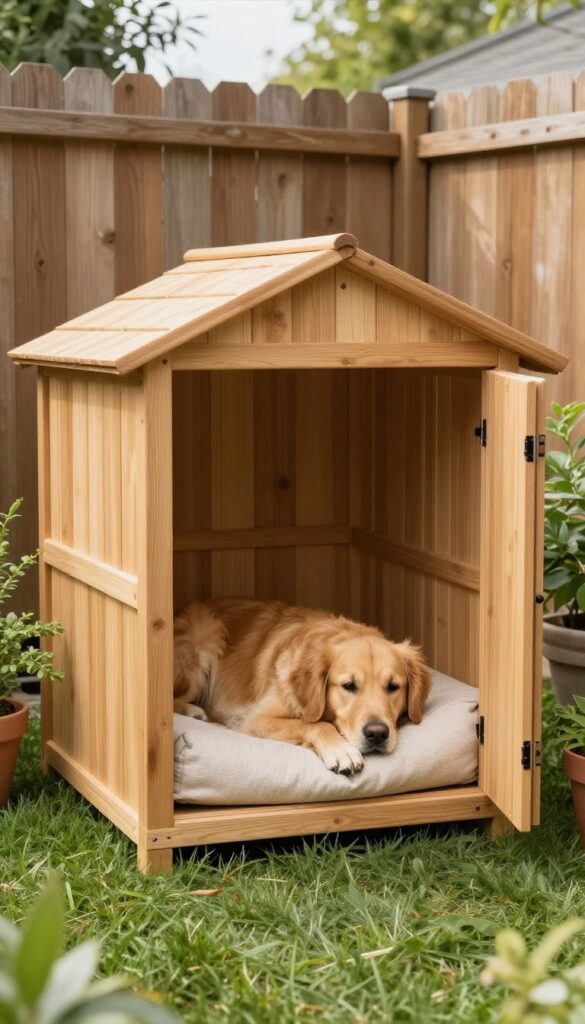 Built-in corner dog kennel with privacy panels in a sunny backyard