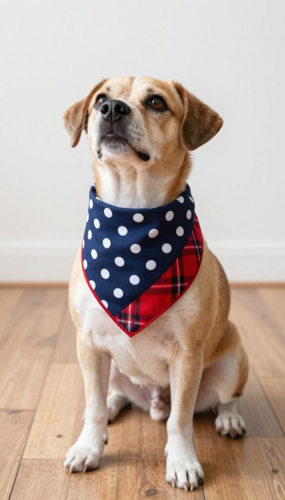 Dog wearing a reversible bandana with snap closure, two contrasting fabrics visible