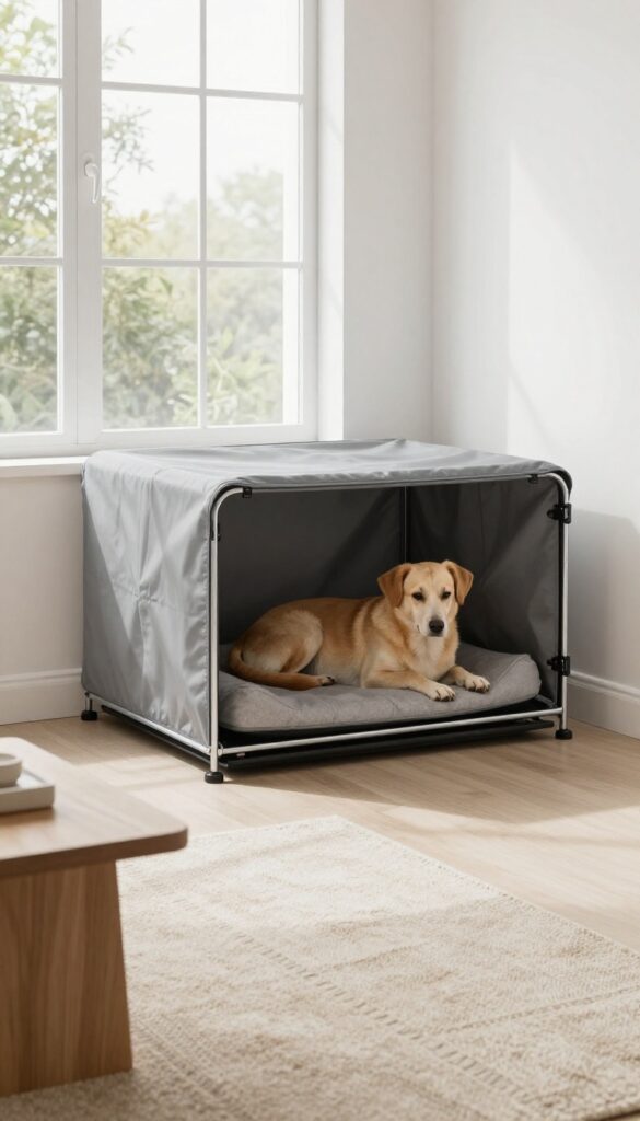 Modern living room with a minimalist metal dog crate covered in a washable gray fabric, cozy dog inside, bright natural light