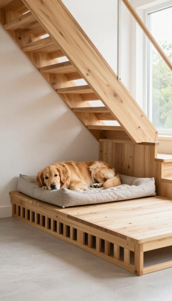 Elevated platform dog kennel under stairs with golden retriever resting on cushioned bed, showing airflow space beneath.
