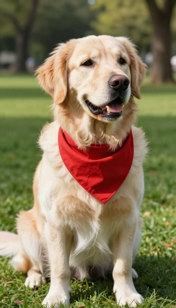 Golden Retriever wearing a classic red bandana in a sunlit park