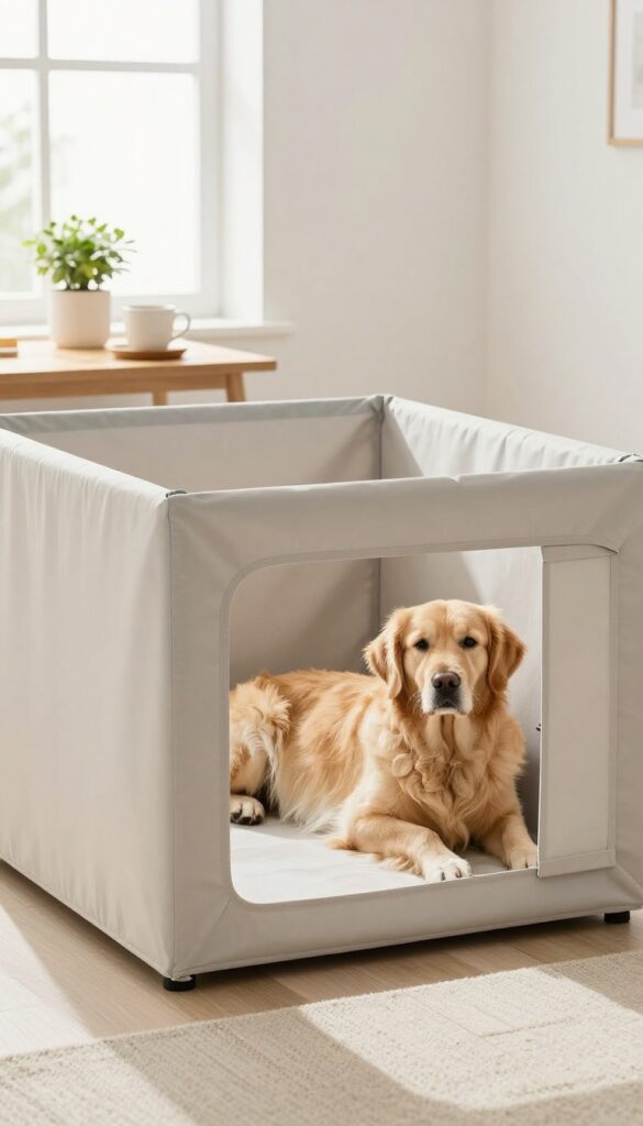 Modern wire dog crate with custom fabric cover and wooden topper in a bright living room