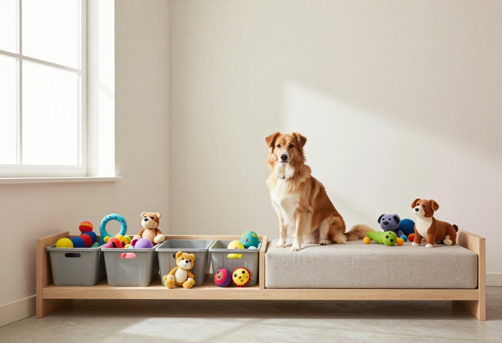 Dog sitting on a cushioned toy bin in a tidy play room with organized toys