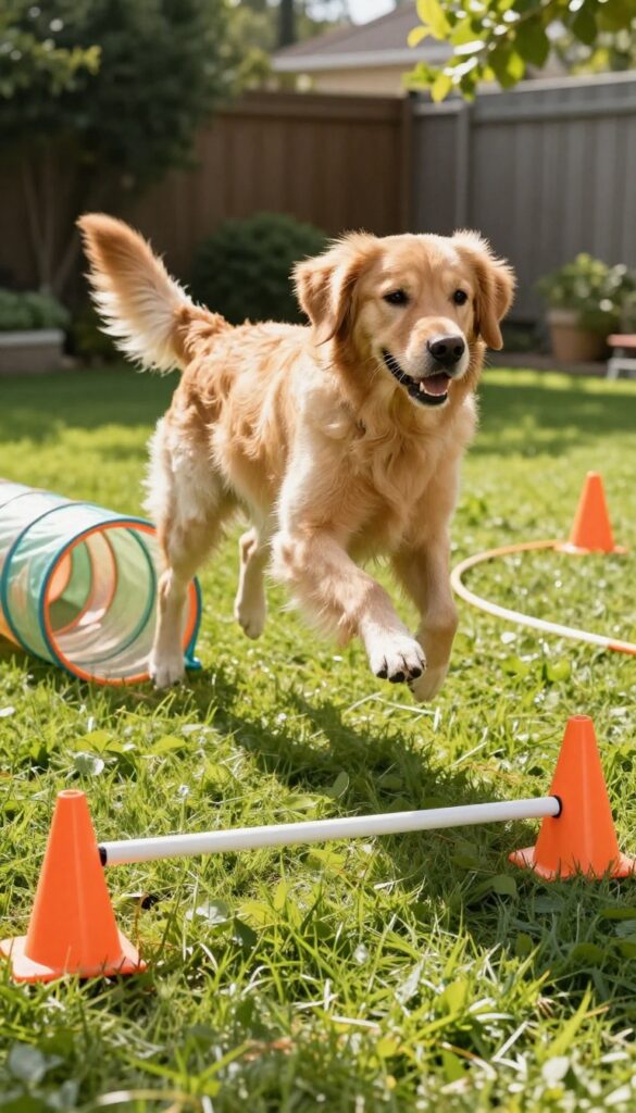 Golden retriever jumping over a low DIY hurdle in a sunny backyard with hula hoop tunnel and cones