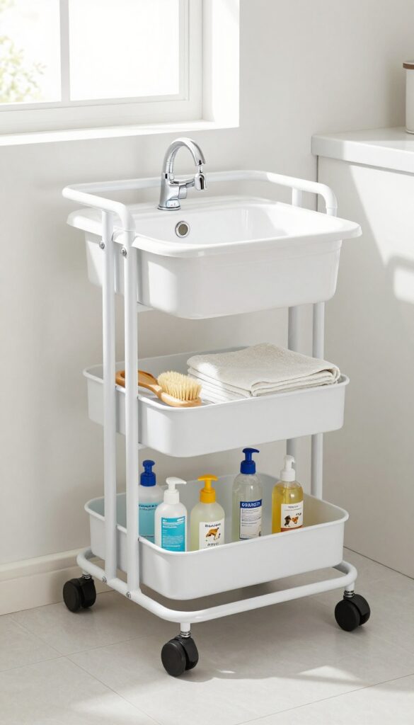 Rolling cart with wash basin and dog bath supplies in a bright laundry room