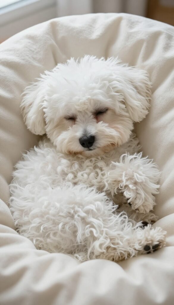 Small fluffy white dog sleeping curled up on a soft cream blanket, photorealistic, bright natural light, cozy and calm.