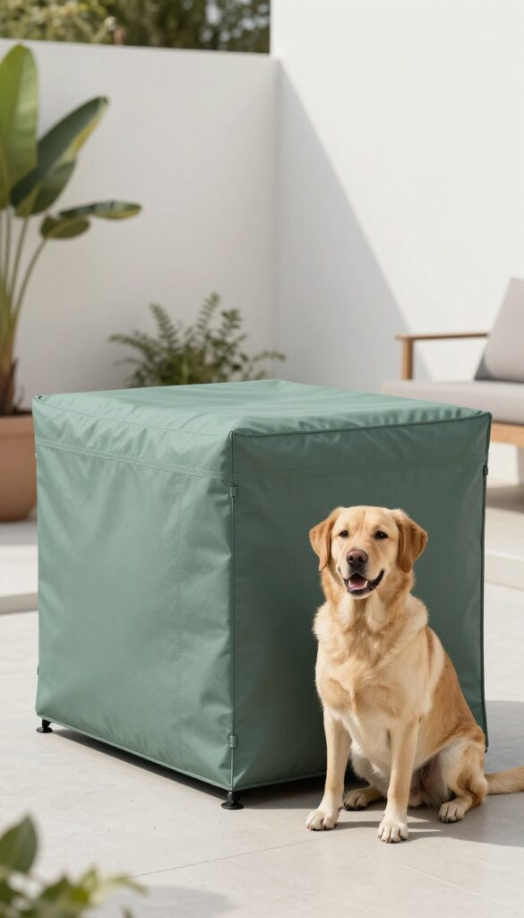 Modern two-tone dog kennel cover in charcoal and sage green in a bright, clean backyard
