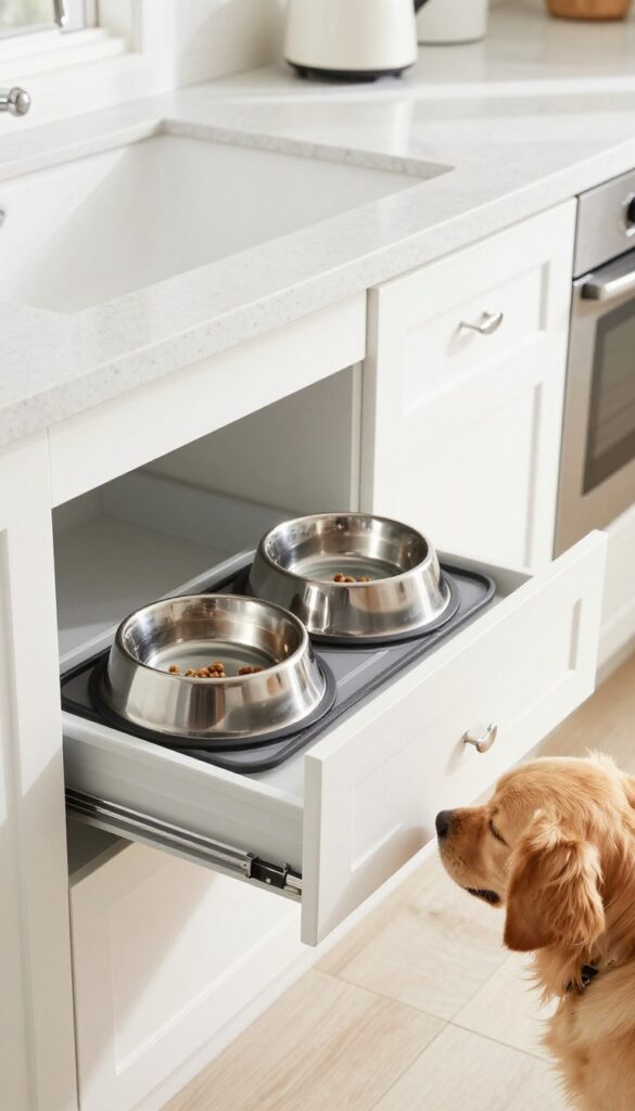 Pull-out drawer feeding station for dogs in a modern kitchen