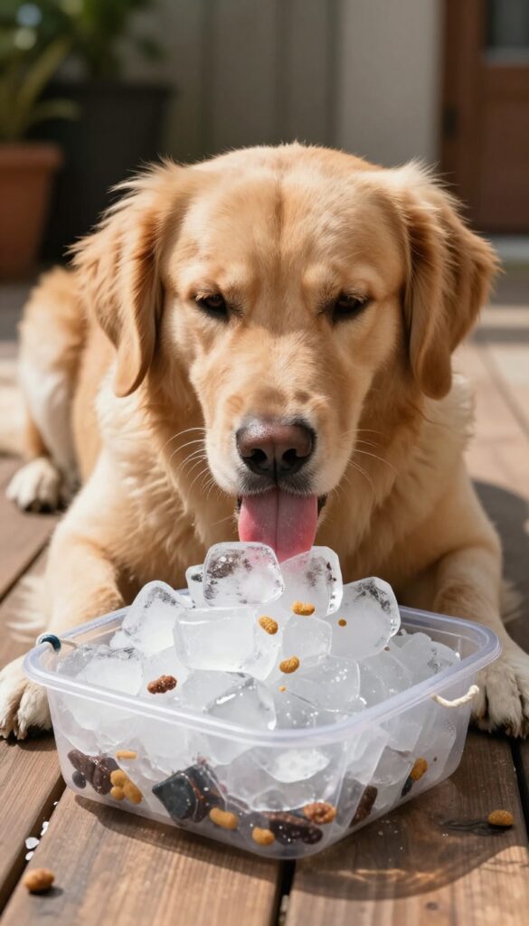 Golden retriever licking an ice block filled with treats on a wooden deck