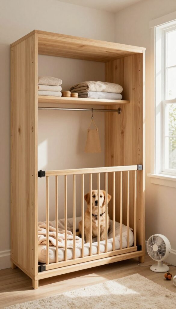 Closet converted into a hidden dog kennel with baby gate, cozy bed, and toys