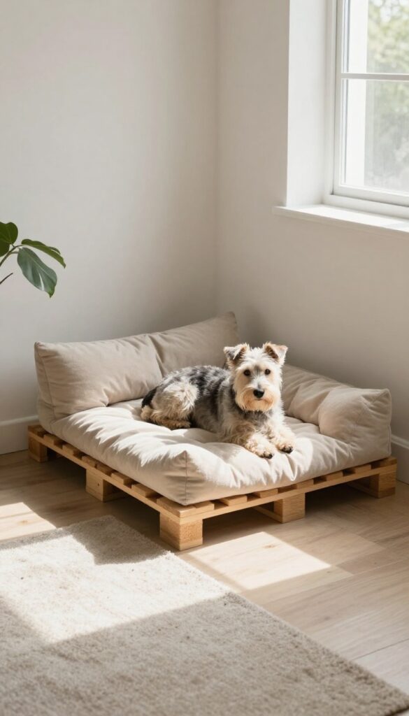 Triangular pallet dog bed in a corner with a terrier sleeping on a cushion, cozy living room setting