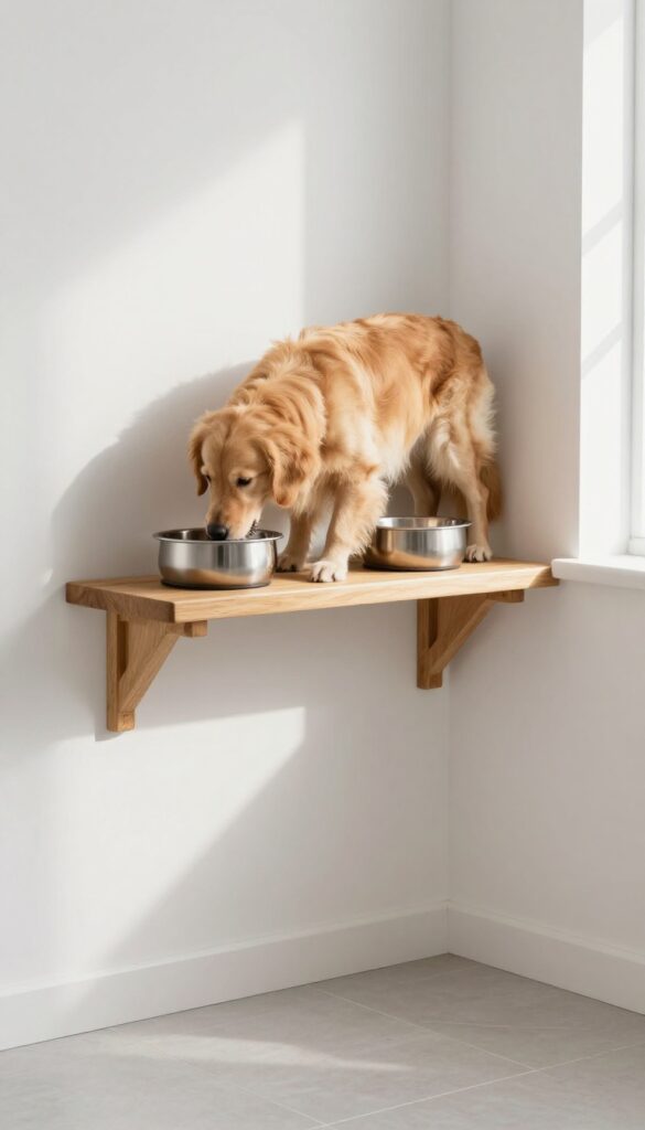 A golden retriever eating from a wall-mounted elevated feeding station in a bright kitchen, with wooden shelf and stainless steel bowls.