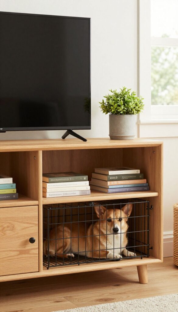 Converted bookshelf as dog crate TV stand with dog resting inside