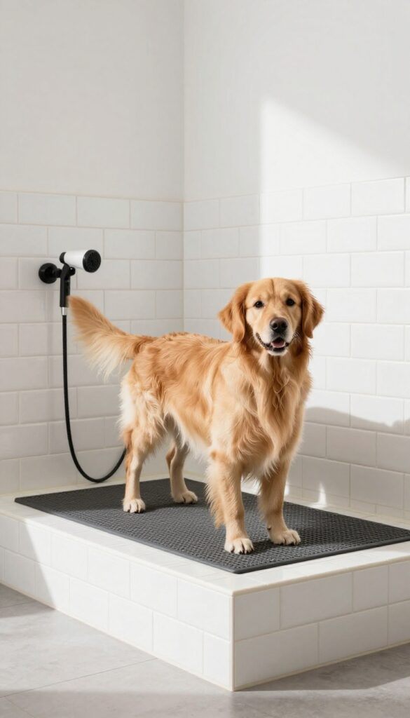 Dog wash station in mudroom with tile backsplash, handheld sprayer, and raised platform, photorealistic bright lighting.