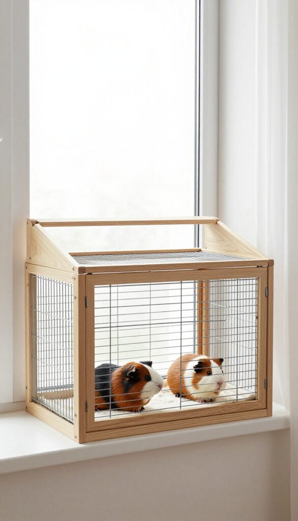 Window seat guinea pig cage with natural light, fleece liner, and ramp, in a bright living room