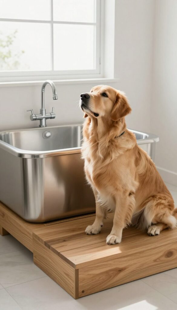 Raised dog wash tub with wooden step in a bright laundry room