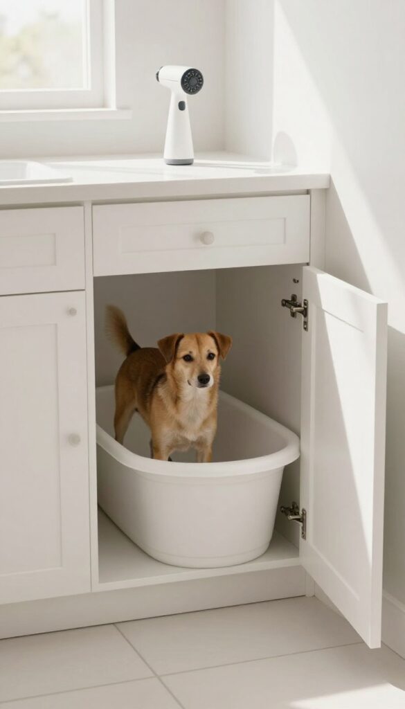 A dog standing in a large plastic tub pulled out from a lower cabinet in a laundry room.