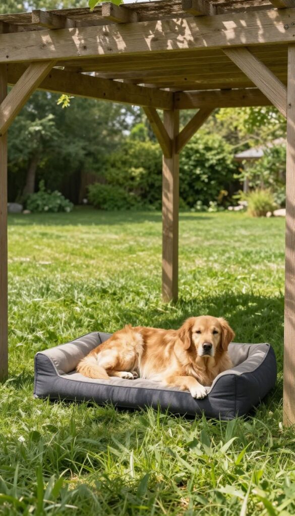Dog resting on a bed under a shaded pergola in a sunny backyard