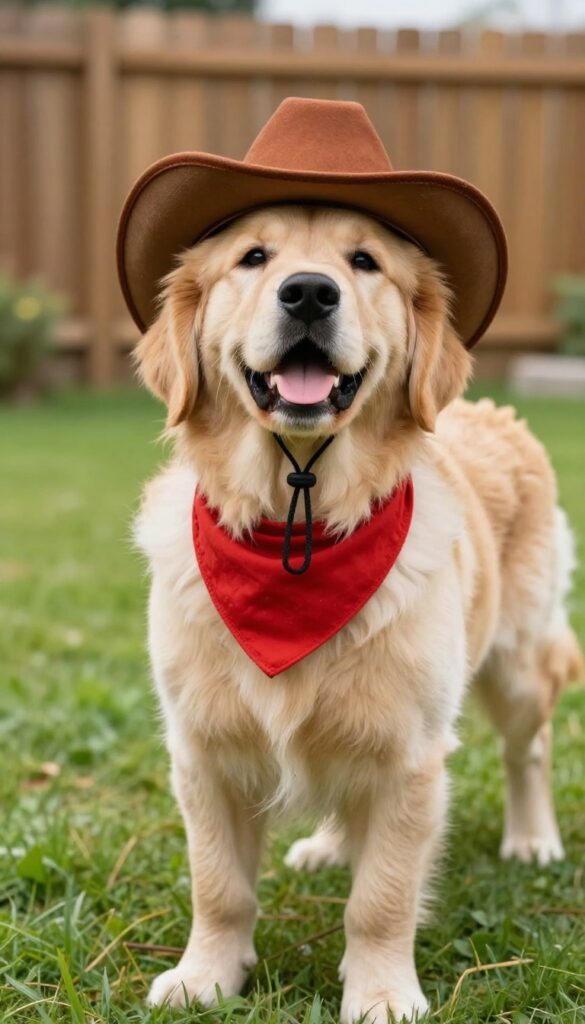 Golden retriever puppy in cowboy hat and red bandana in sunny backyard