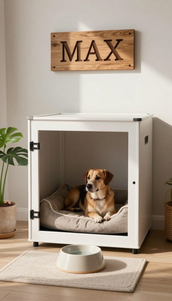 Personalized wooden dog name sign hanging above a crate in a bright, modern living room
