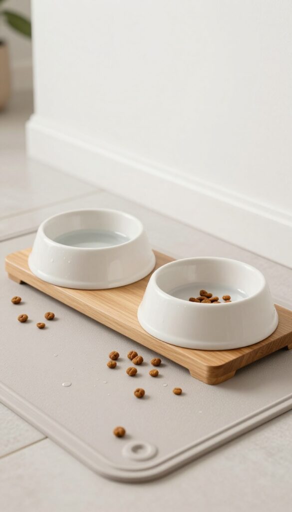 A clean dog feeding station with raised bowls on a splash mat, bright natural light, photorealistic, no text.