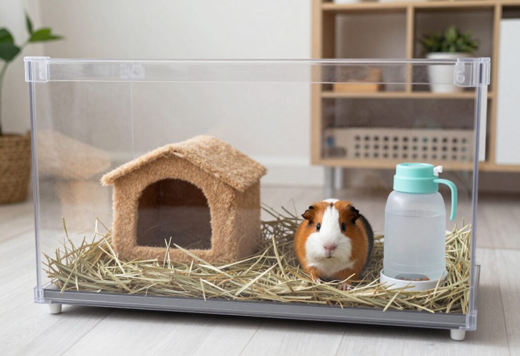 DIY guinea pig cage with fleece liners and accessories in a cozy room