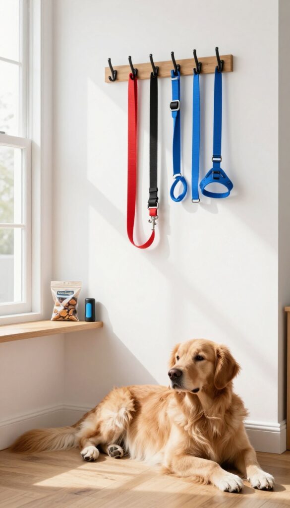 A well-organized entryway with hooks holding a leash and harness, a shelf with training tools, and a golden retriever sitting nearby.