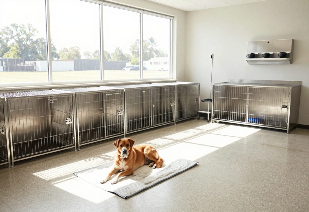 Clean commercial dog kennel with epoxy floor, stainless steel crates, and wall-mounted feeding station