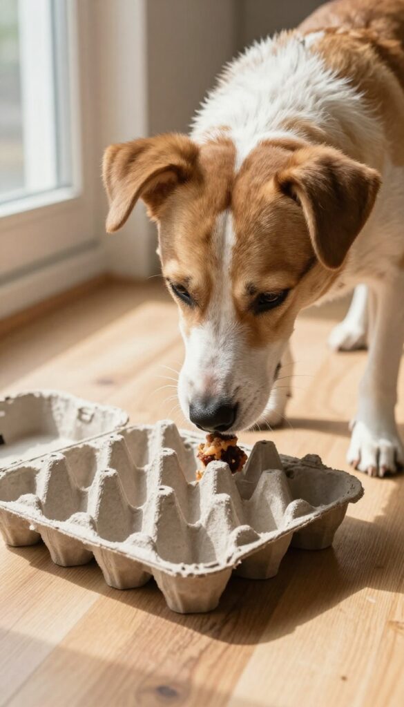 Dog sniffing and pawing at an egg carton filled with treats on a wooden floor