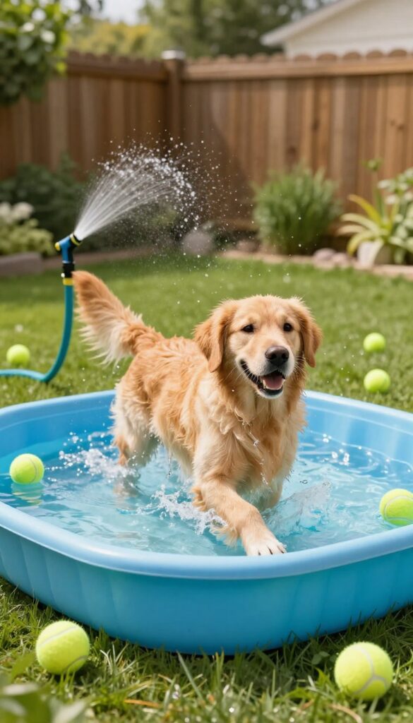 Golden retriever playing in a shallow kiddie pool with floating toys and a sprinkler in a sunny backyard.