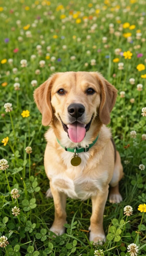 Playful dog with clover in a sunny meadow, wearing a green collar