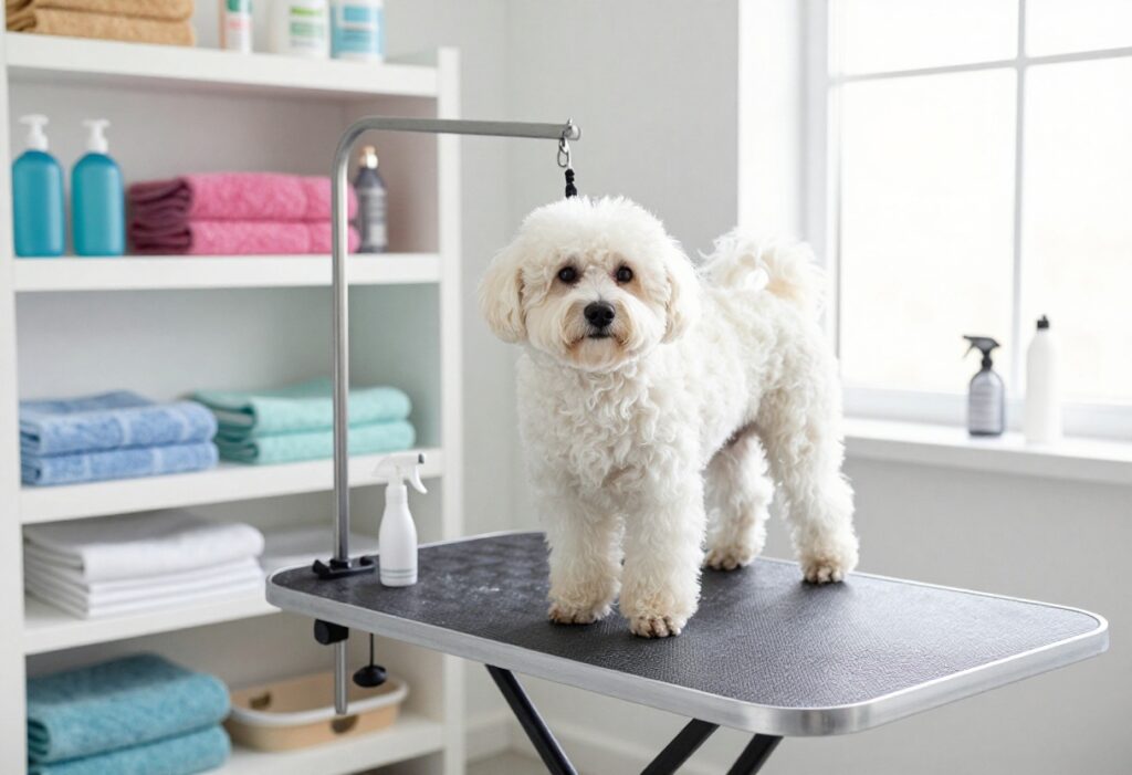 Dog standing on a raised grooming table in a laundry room with a utility sink and supplies