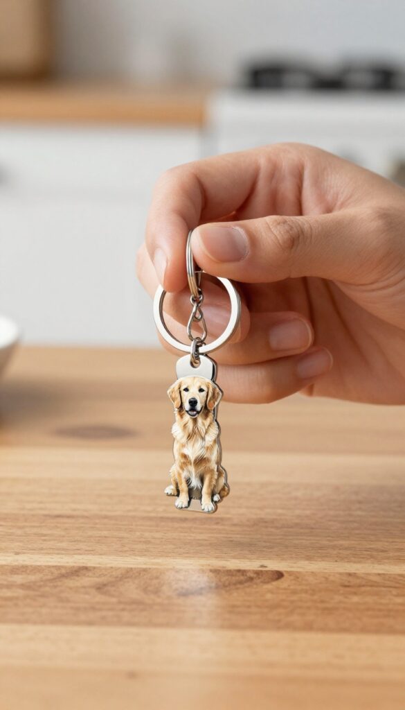 A woman's hand holding keys with a personalized dog portrait keychain in natural light