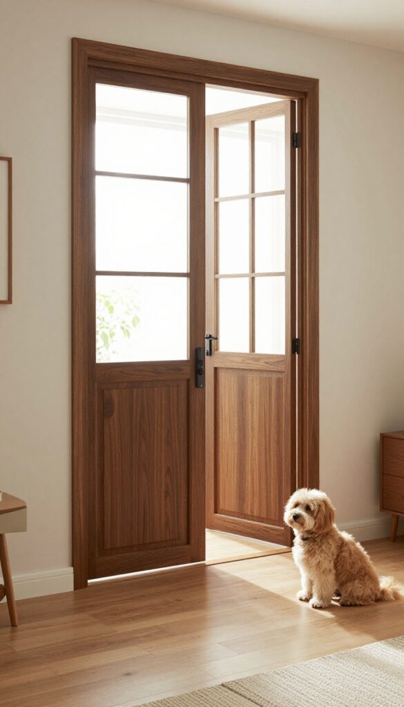 Stylish wooden pet gate blending with living room decor, dog sitting behind it