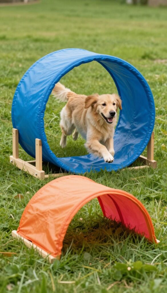 Dog jumping through a pool noodle arch in a backyard obstacle course