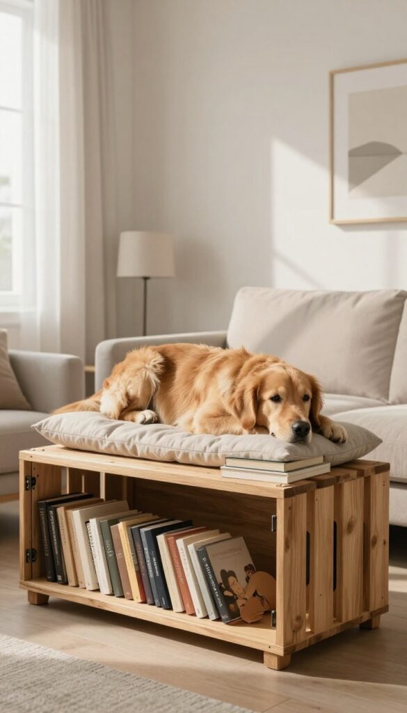 Furniture-style dog crate end table in a bright living room with a dog inside, lamp and books on top.
