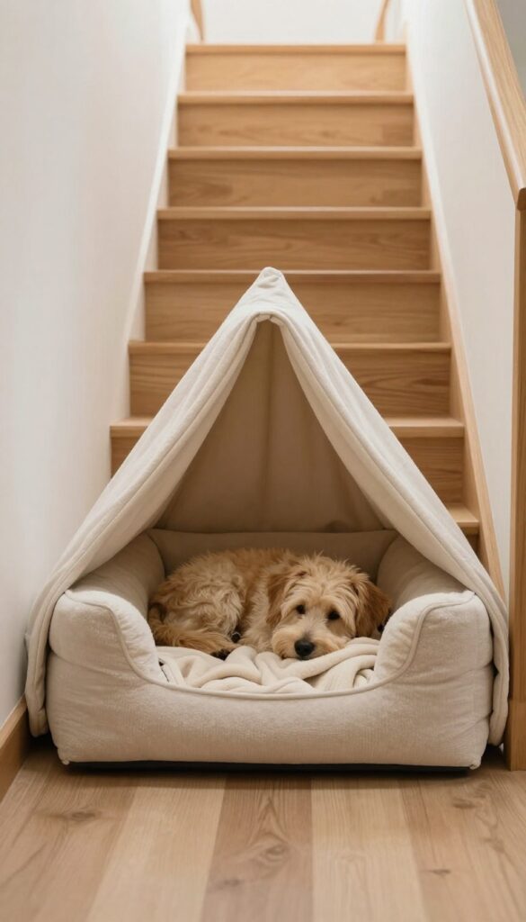 Cozy dog nook under stairs with triangular bed and curtain