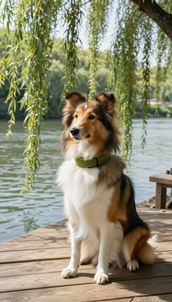 A calm Collie dog sitting on a porch with willow branches and a river in the background, wearing a green woven collar.