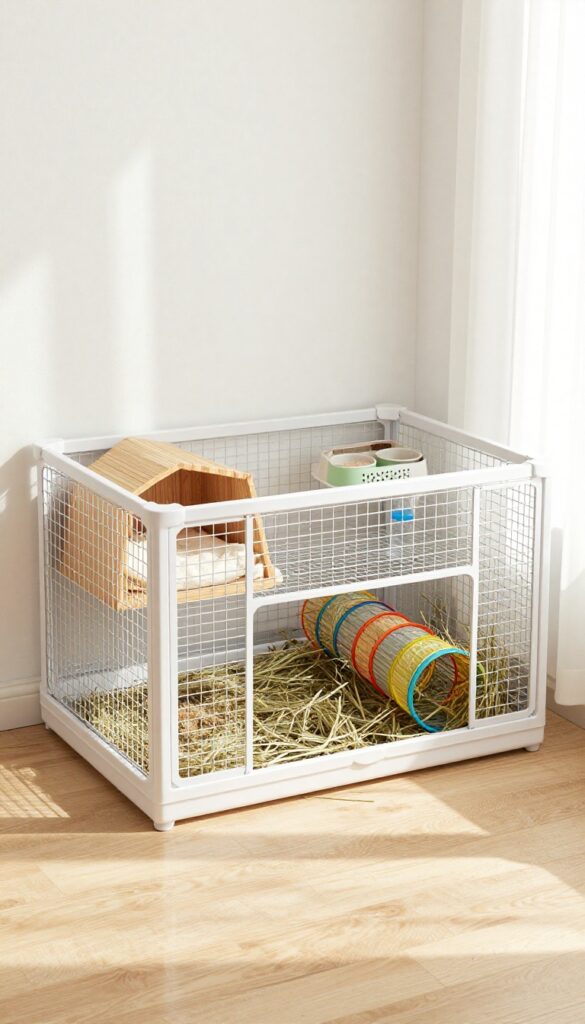 L-shaped guinea pig cage in a bright corner with hideout, food station, hay pile, and tunnel