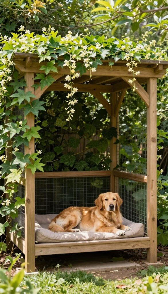 A pergola-style dog kennel with climbing plants and a golden retriever resting in the shade