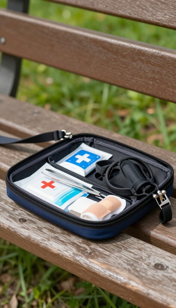 Dog first aid kit open on park bench with bandages and muzzle, leash attached, bright daylight