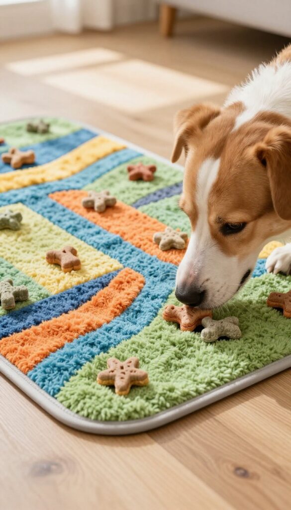 Homemade snuffle mat made from a rubber sink mat and fleece blanket with hidden treats, dog sniffing
