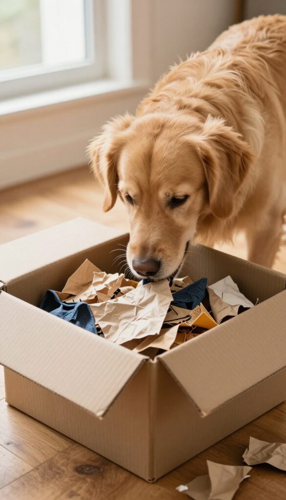 Golden retriever sniffing treats in a cardboard box filled with crumpled paper, indoor dog enrichment activity.
