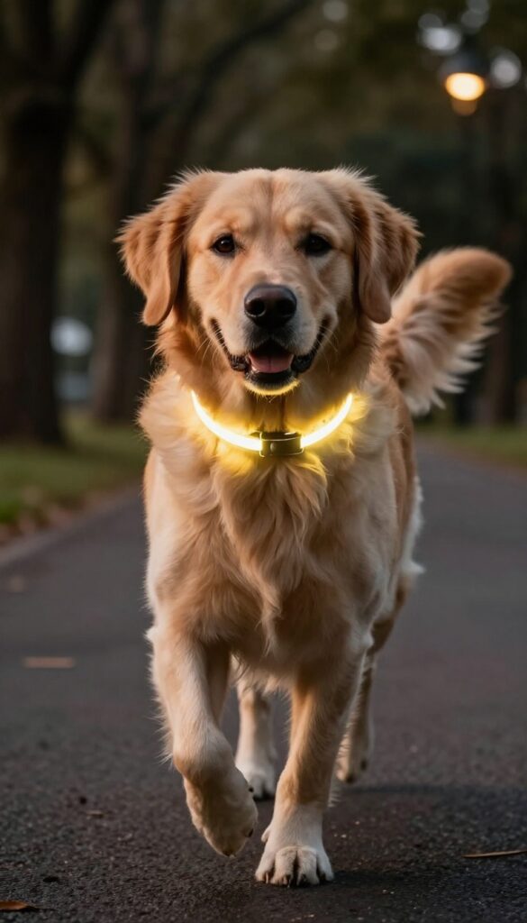 Golden retriever wearing a reflective LED collar running on a dark path at dusk, with glowing collar visible.