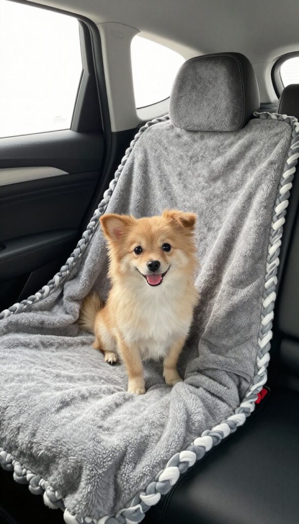 Dog sitting on a fleece knot blanket in a car, protecting the seat from mud and fur.