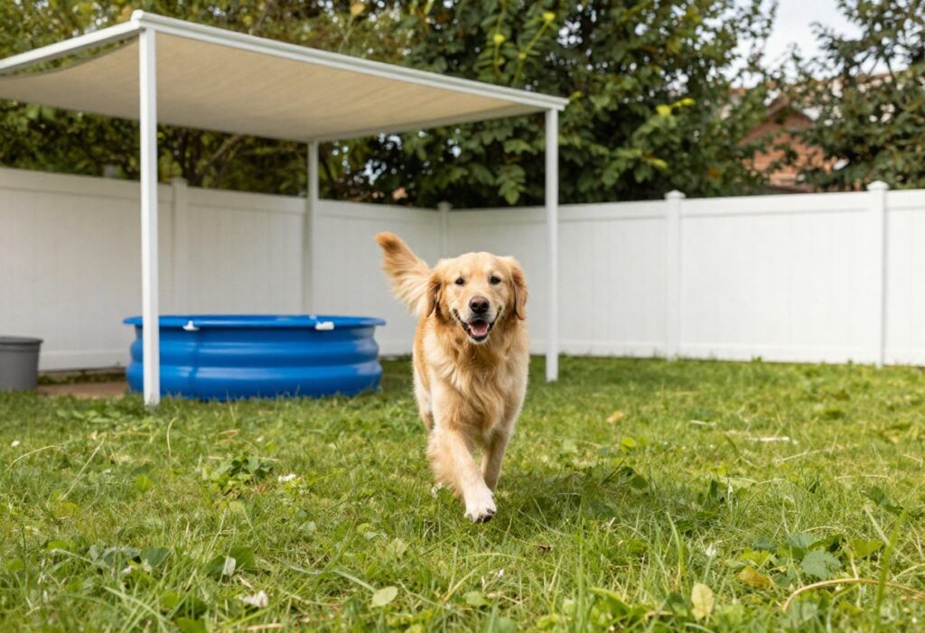 Golden retriever running in a dog-friendly backyard with fence, shade, and pool