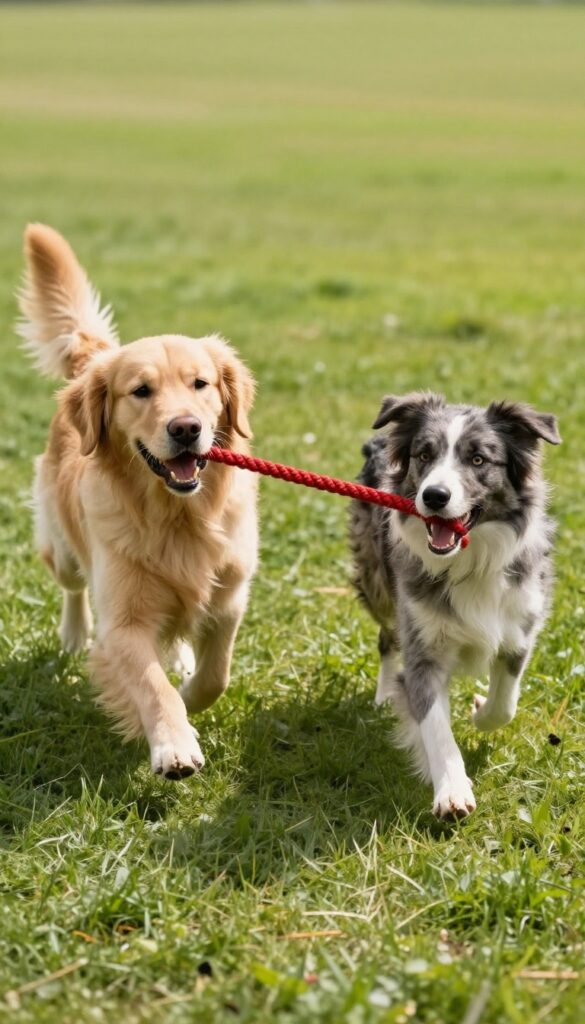 Two dogs playing tug-of-war with a red rope on a sunny lawn