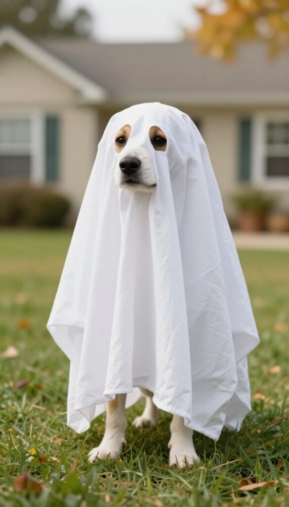 A small dog in a white ghost costume standing on grass in natural light, with a house and autumn leaves in the background.