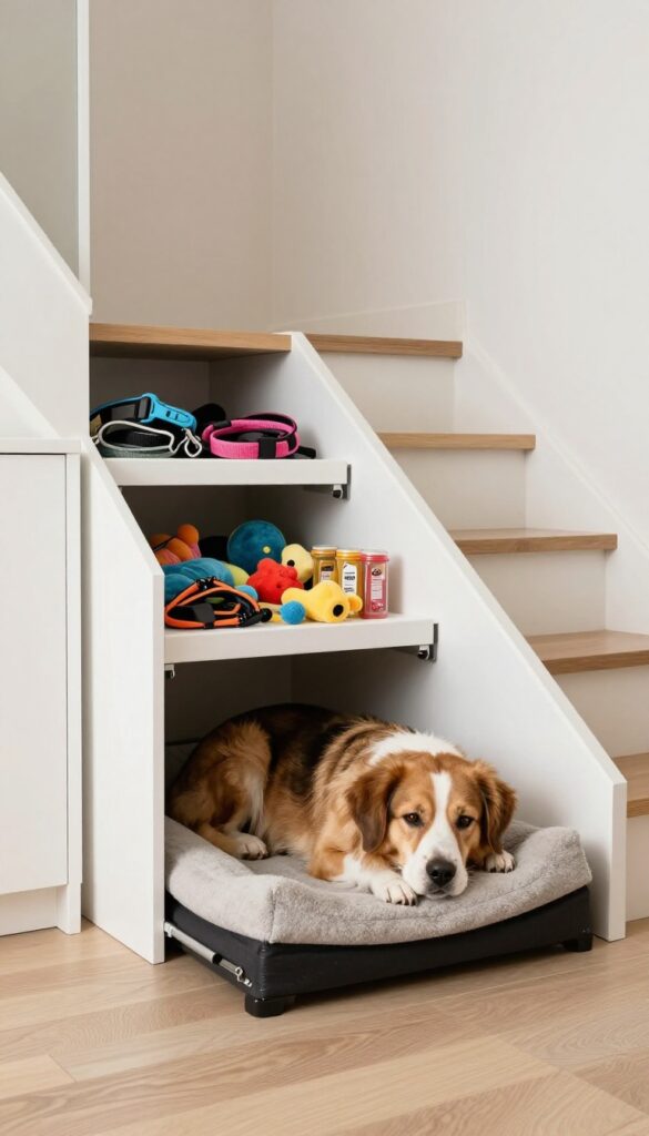 Multi-functional under-stairs dog kennel with storage drawers, featuring a dog resting inside and organized pet supplies in the drawers.